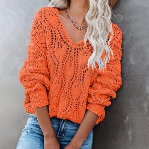 V-Neck Crochet Knit Hollow Out Sweater Red & Blue Casual Knit